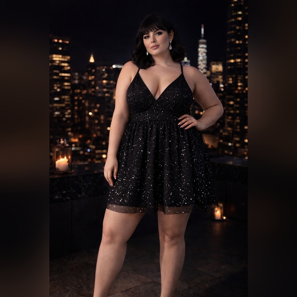 Celestial Silver Print Mini Dress 2X | Black Mesh Babydoll | Night Sky Party